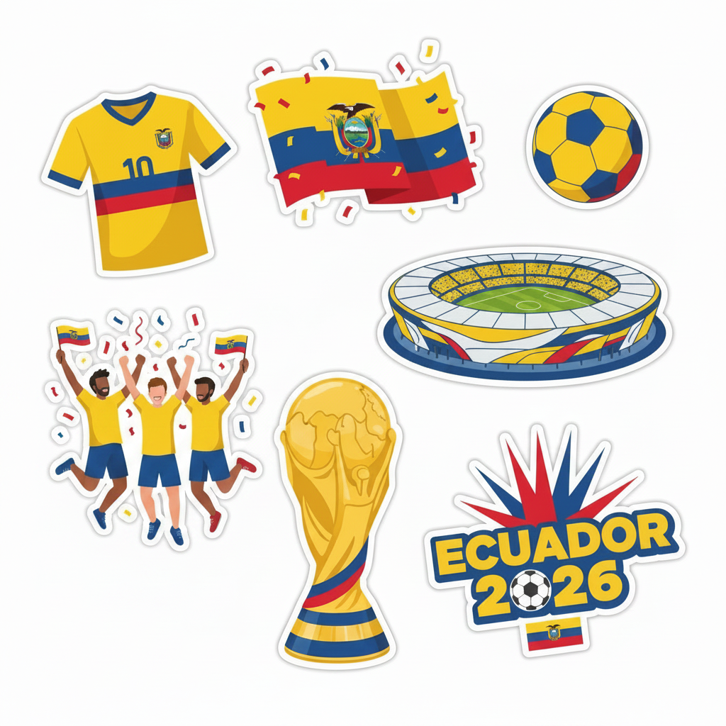 Pack de stickers digitales Ecuador Mundial 2026 con aficionados celebrando